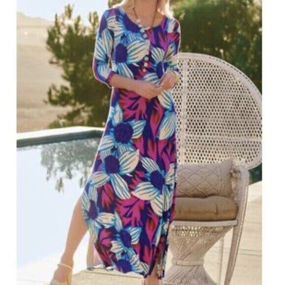 Soft Surroundings Dress Size Medium Serena Maxi Stretch Floral Side Slits - Picture 2 of 11